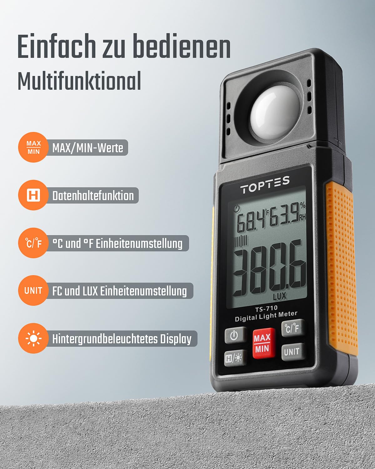 TopTes TS-710 Luxmeter mit 180º drehbarem Sensor, 0-200.000 Lux Lichtmessgerät mit Großes Backlit LCD, Messlicht für Zuhause, Zimmerpflanzen, Büro-Lernbereich - Inklusive Batterie