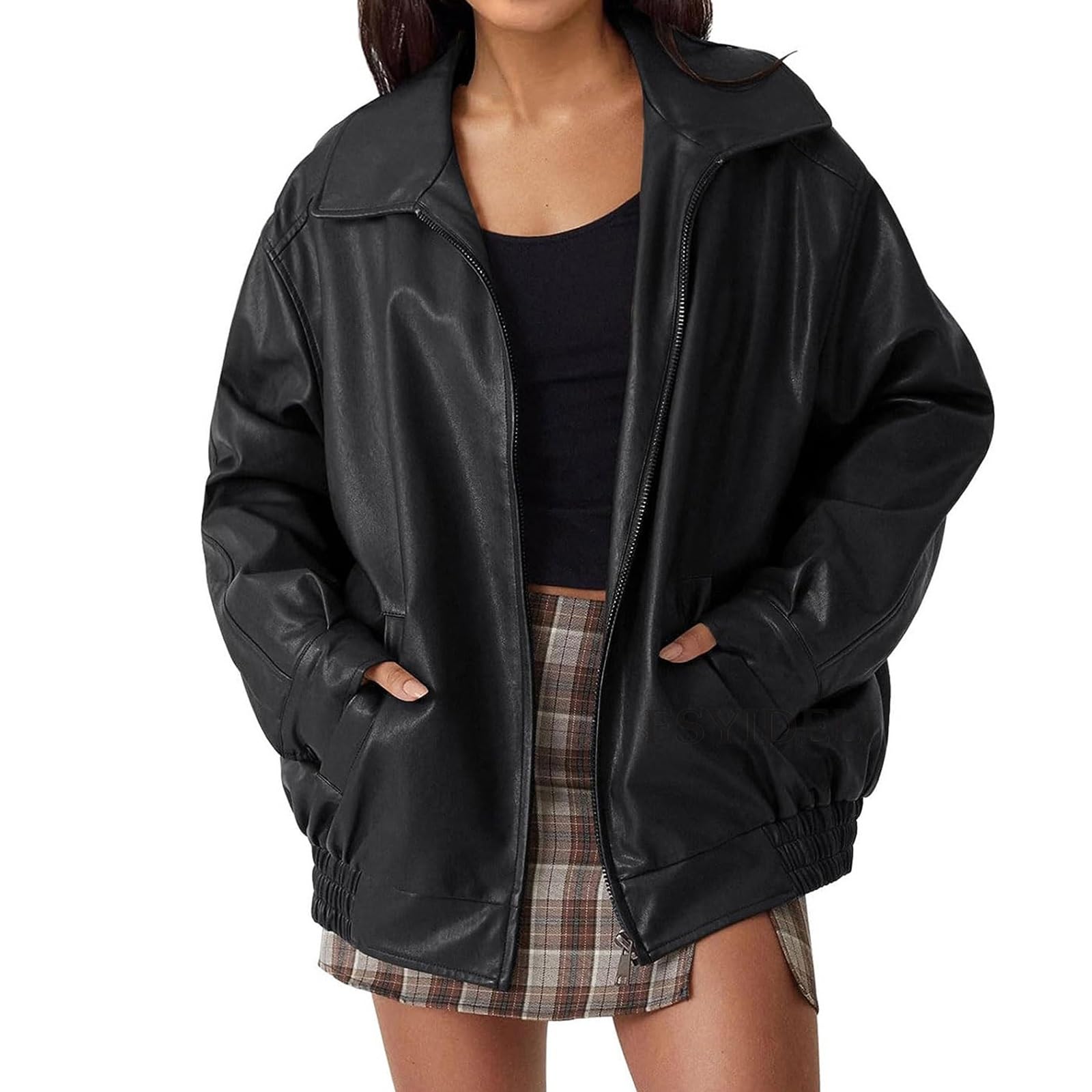 Dames Vintage Y2K Leren Jack Imitatieleer Oversized Pasvorm Lange Mouwen Modieus Imitatieleer Motorbikerjack Herfst Winter Los Modieus Bomberjack Streetwear(Black,S