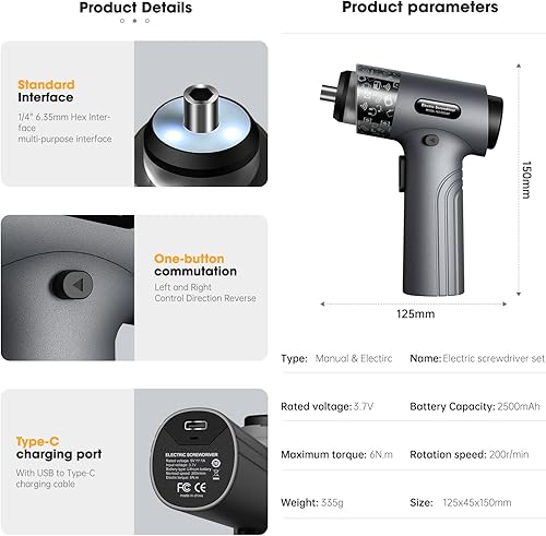 Miniatura 4 de Destornillador eléctrico, juego de destornilladores con luz LED, destornillador inalámbrico de 3.7 V, puntas de destornillador de par de 14 de