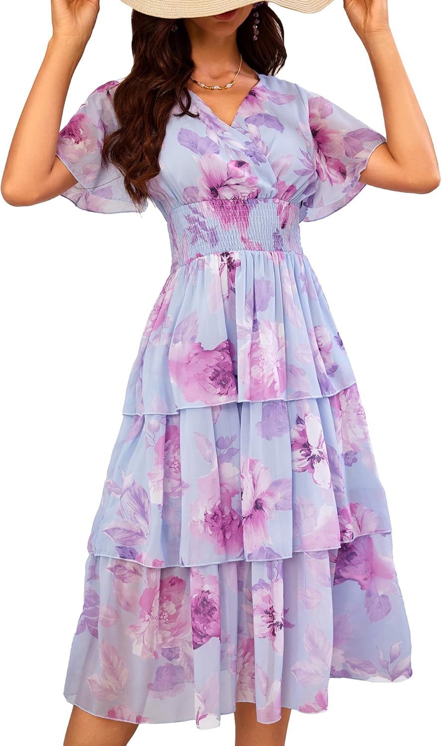 VIDUSSA Womens Floral V Neck Ruffle Tiered Layered Chiffon Flowy Swing Long Midi Dress Short Sleeve Smocked Dresses