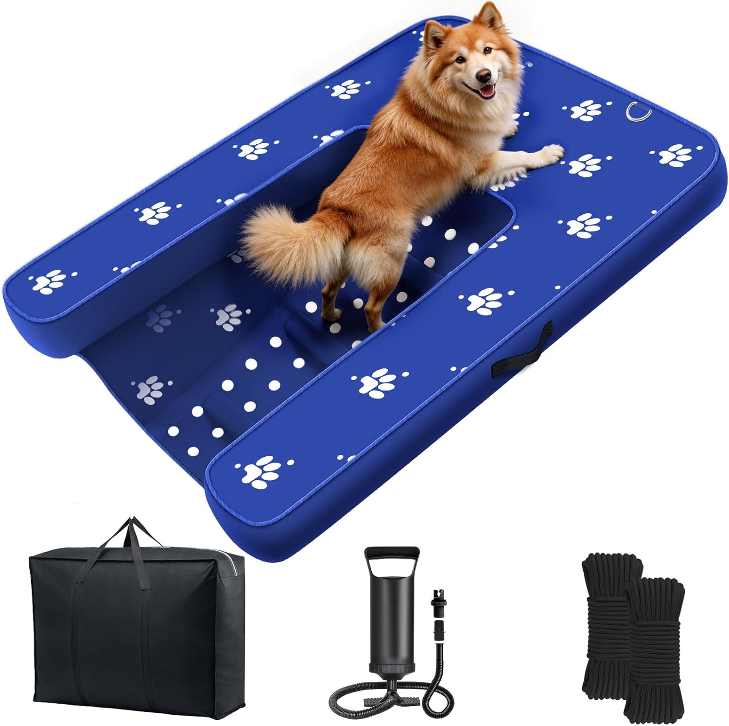 Inflatable Dock Platform, Dog Boat Ramp Floating Non-Slip Oxford and PVC with Lagre Water Ramp for Dogs Pool, Dock, Lake with Traction Rope, Manual Air Pump (4.7ft x 3.1ft x 6in) L03