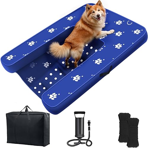 Inflatable Dock Platform, Dog Boat Ramp Floating Non-Slip Oxford and PVC with Lagre Water Ramp for Dogs Pool, Dock, Lake with Traction Rope, Manual Air Pump (4.7ft x 3.1ft x 6in) L03