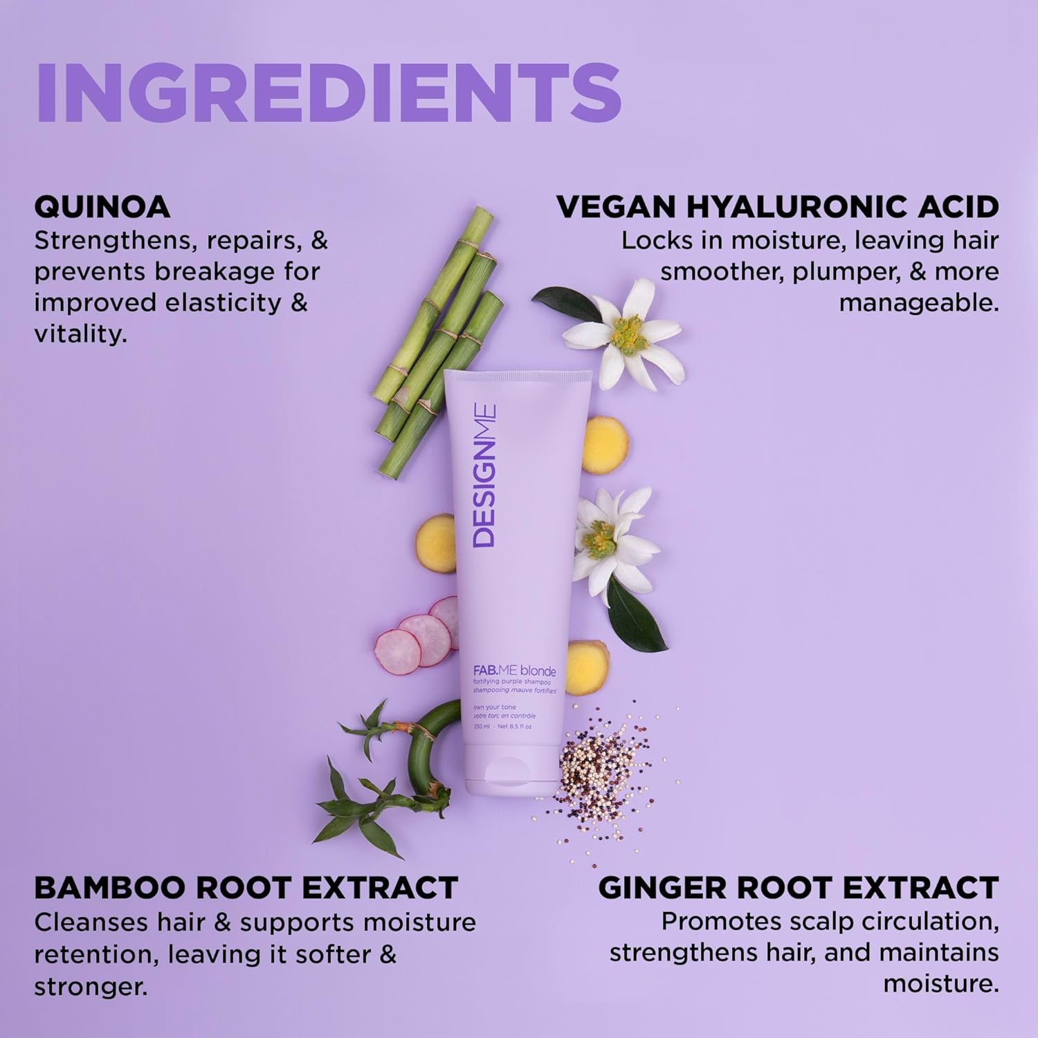 Design.Me FAB.ME Blonde Fortifying Purple Shampoo | Toning Purple Shampoo for Blonde Hair - Neutralizes Brass and Yellow Tones | Enriched with Hyaluronic Acid | Color Depositing Formula - Image 3