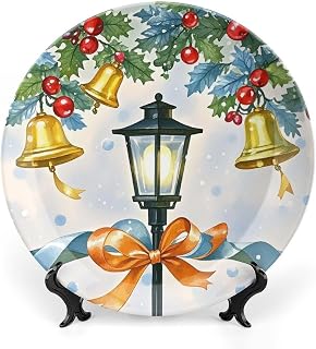 Bone China Decorative Plate with Display Stand Ceramic Decorative Plate Ribbon Bells Wall Hanging Ornament Porcelain Dinner Plates Art Crafts Ceramic Ornaments Wall Decor 7inch