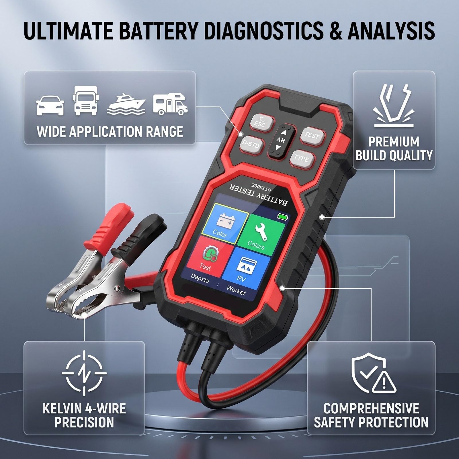 Dioche Testeur de Batterie, Analyseur de Batterie Numérique avec écran Couleur de 2,68 Pouces et Test Kelvin à 4 Fils pour Voitures, Camions, Motos, Bateaux