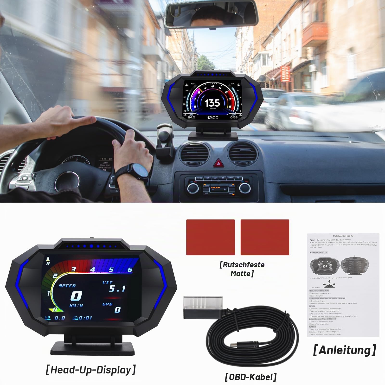 KAOLALI Head up Display OBD2+GPS Auto HUD Universal Digital Tachometer | mit Neigungsmesser, Geschwindigkeitswarnung, Müdigkeitserinnerung, Wassertemperaturanzeige, Spannungsanzeige, für Alle Autos