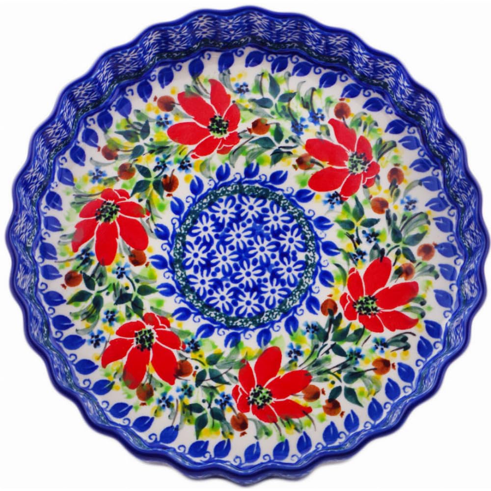 Authentic Polish Pottery Fluted Pie Dish Signature UNIKAT in Blooming Daisies Design Handmade in Boles?awiec Poland by Ceramika Artystyczna + Certificate of Authenticity