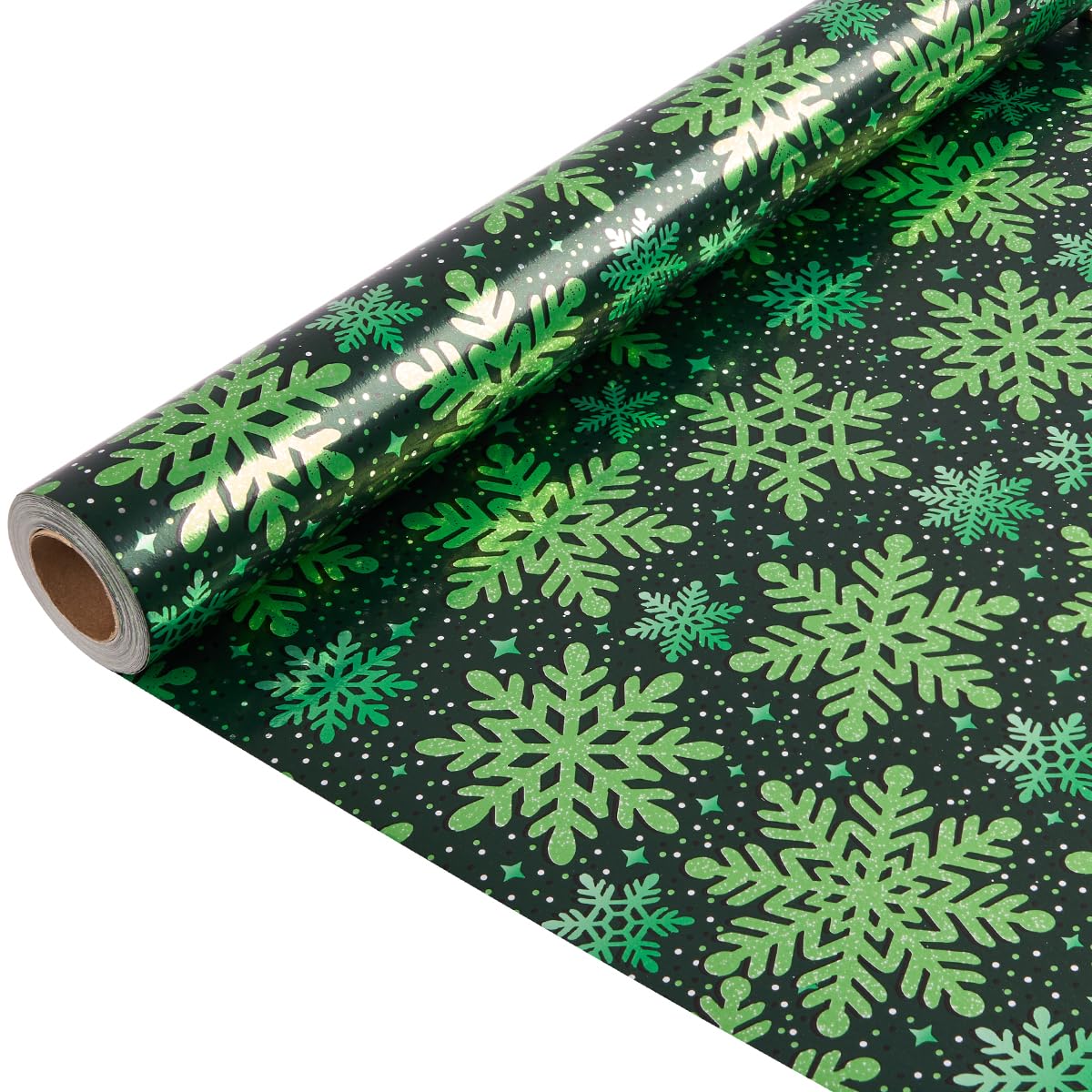 10M Green Gift Wrapping Paper Roll, 43cm Black Christmas Wrapping Paper Print with Shine Snowflake for Christmas Birthday Gift Decoration