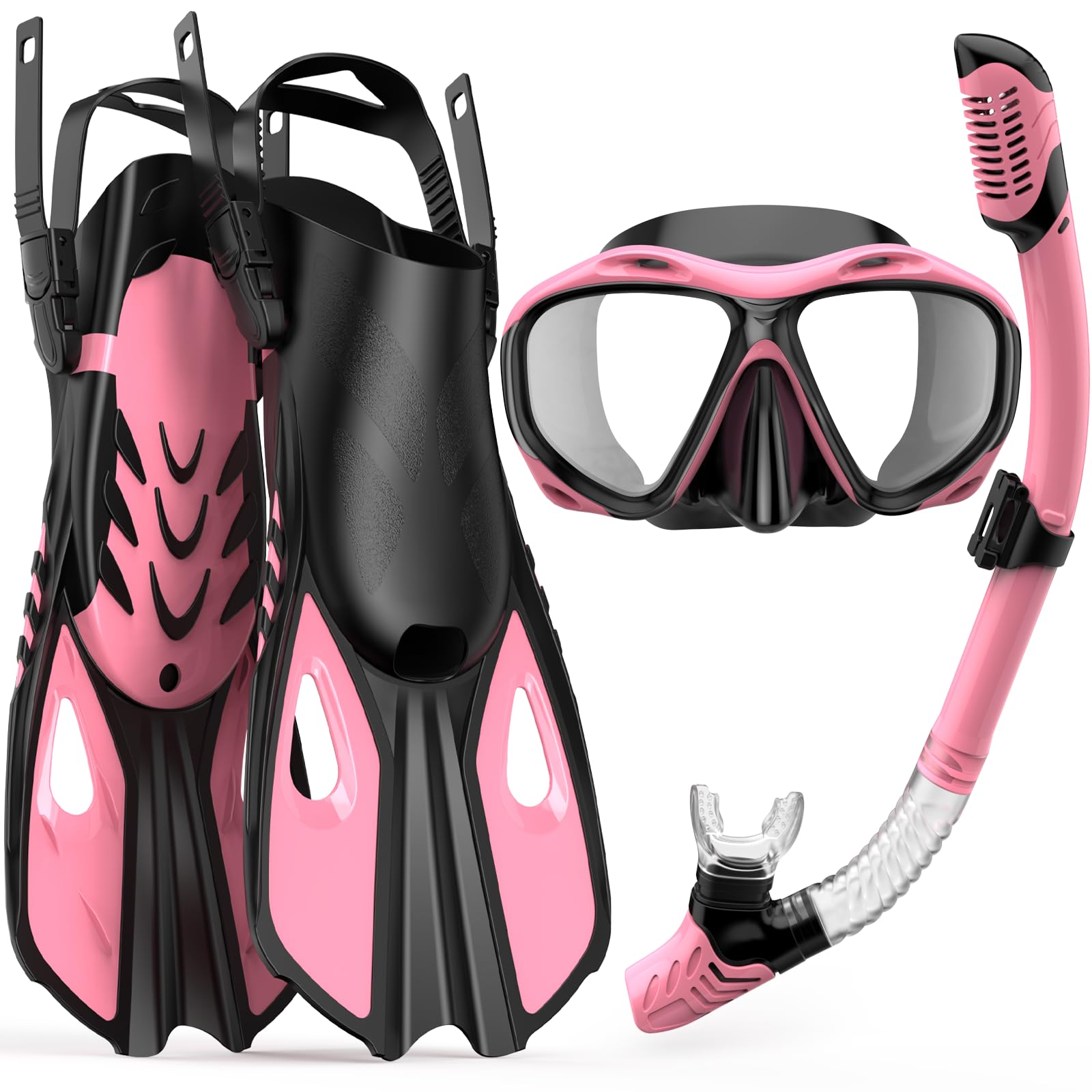 Mask Fin Snorkel Set, Travel Size Snorkeling Gear for Adults with Panoramic View Anti-Fog Mask, Fins, Dry Top Snorkel for Swimming Training, Snorkeling Kit Diving Packages (Pink, L/XL)