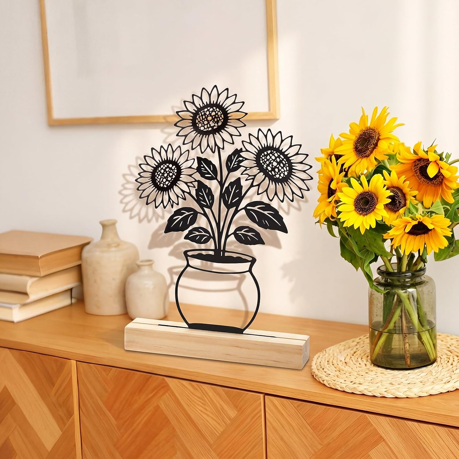Mifoci Metal Summer Sunflower Decor with Wooden Base, Minimalist Line Art Flower Farmhouse Table Centerpiece, Floral Home Decoration for Kitchen Living Room Office Moving Gifts 7.9 x 5.9 Inch