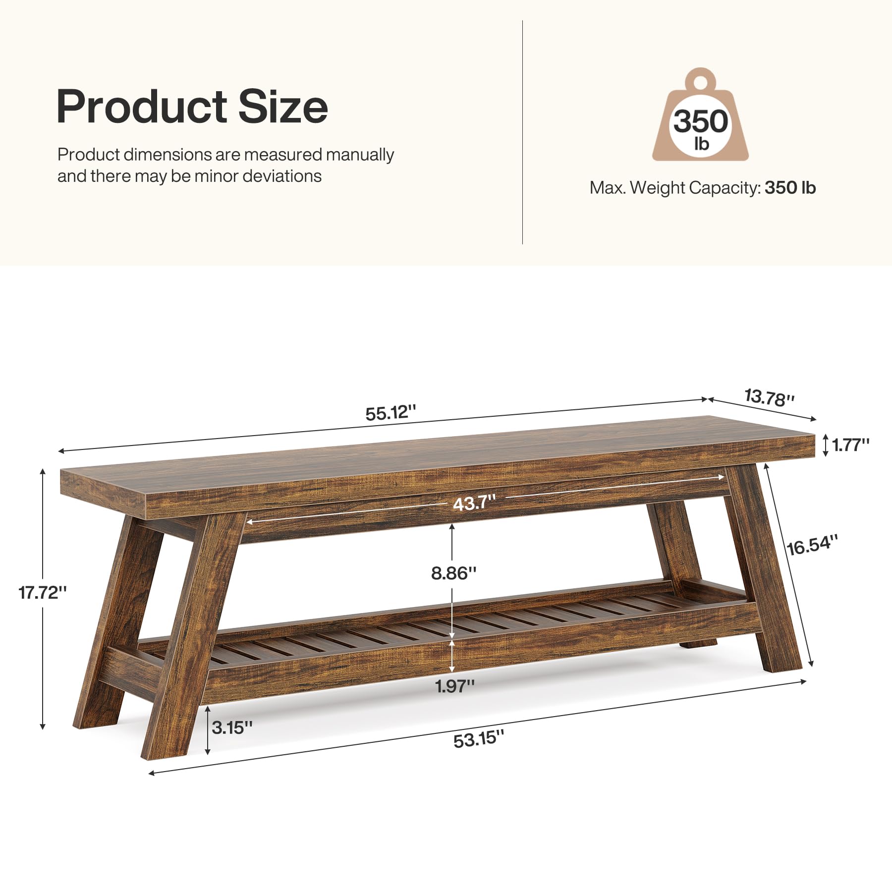 Tribesigns Grande panca da ingresso in legno da 140 cm, con scarpiera, 2 ripiani, rustica, marrone, stretta panca con ripiani aperti, per ingresso, camera da letto, fango