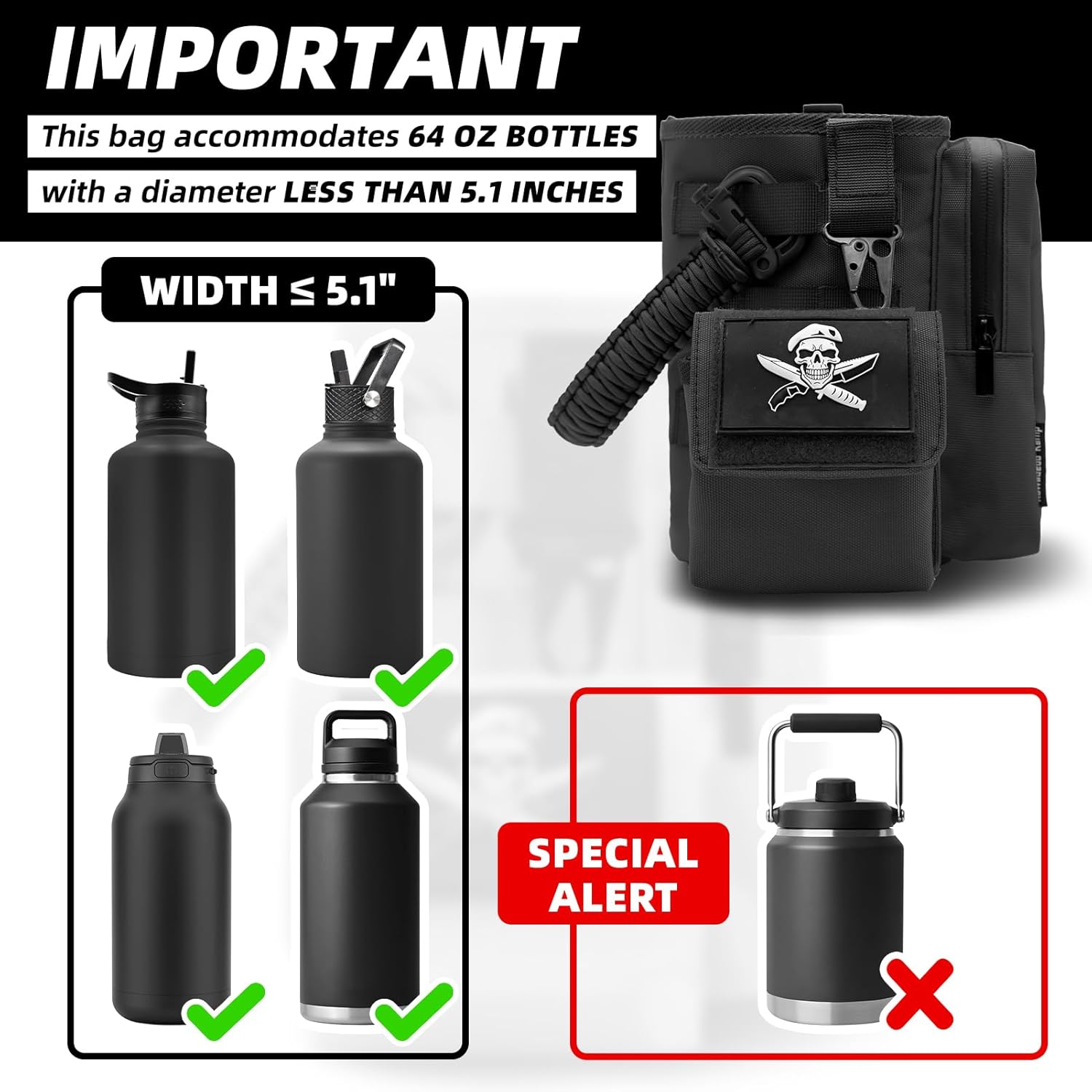 Tactical Water Bottle Holder Bag with Strap, Water Bottle Carrier Pouch for Walking, Gym, Camping, Fishing, Hunting 32oz, 64oz, 128oz One Gallon Tactical Carrier Holder