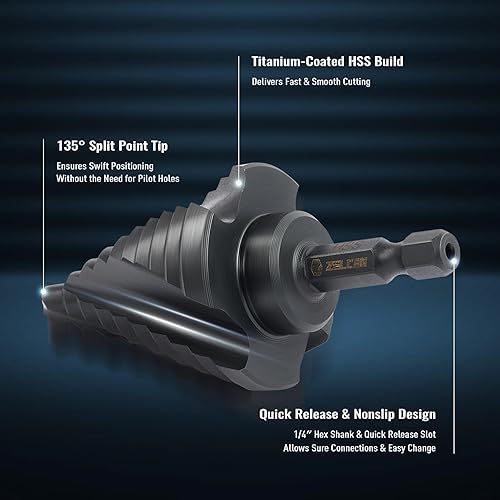 Miniatura 6 de ZELCAN Juego de brocas escalonadas, 5 piezas, cuatro brocas en espiral para metal, 50 tamaños de brocas HSS recubiertas de titanio con vástago