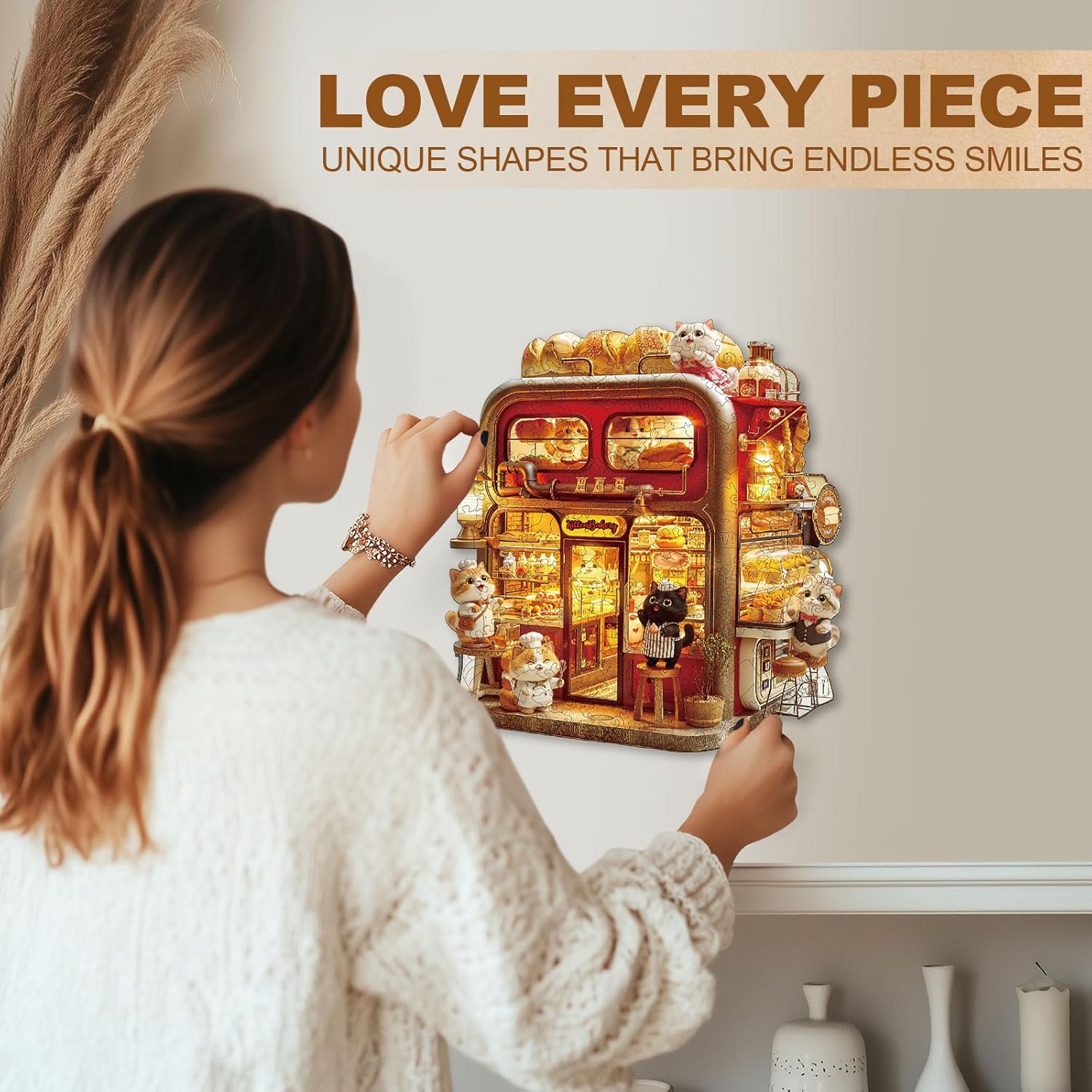 Wooden Puzzle for Adults-Kitten Bakery Wooden Puzzle Unique Shape Advanced Animal Jigsaw Puzzle for Adults, Best Gift, Wood Puzzles, Challenge Wooden Jigsaw Puzzle (M-11.4 * 10.9in-190pcs)