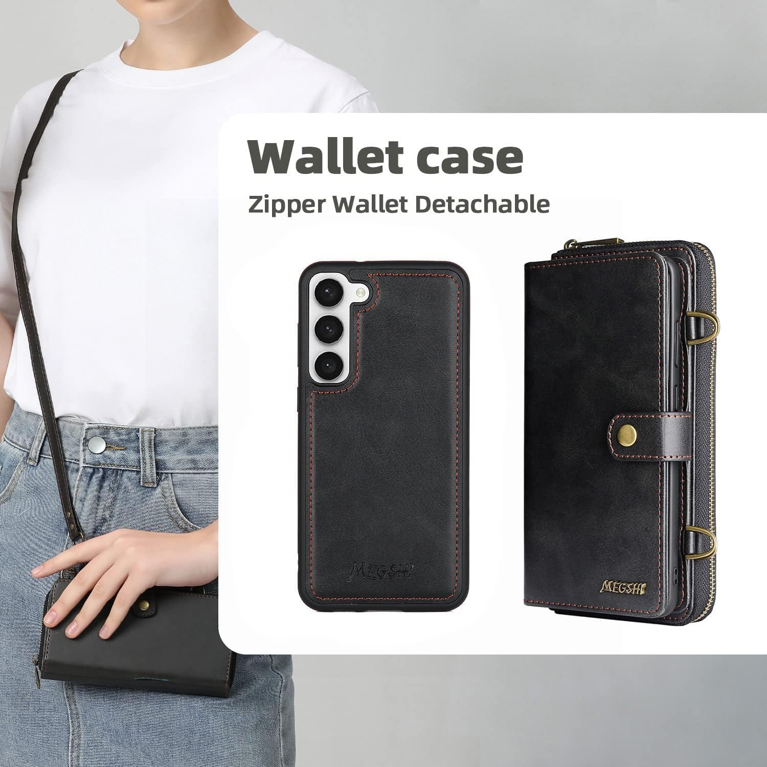 Detachable 2 in 1 Wallet Case for Samsung Galaxy S25 Plus S24+ S25+ 5G with Wrist Strap,Crossbody Shoulder Strap, 9+ Card Slots Zipper Purse,Stand Phone Cover for S25Plus 25S 25+ Black