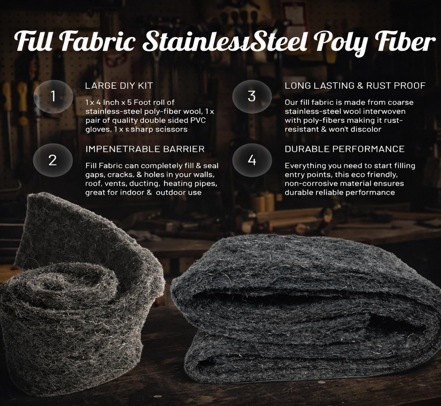 Fill Fabric Rust Proof Stainless Steel Wool Poly Fiber, Large DIY Kit, 1 4in. x 5ft. Roll, Quality Gloves, and Quality Scissors Fill Gaps/Holes