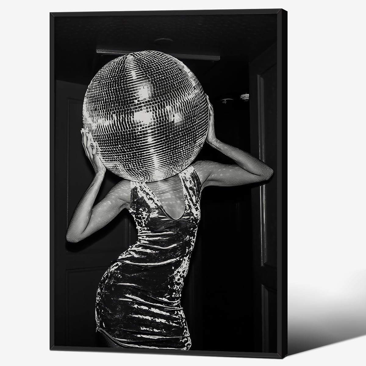 Vintage Funky Y2k Hot Girl Poster Black and White Disco Ball Canvas Wall Art 16x24 inch Black Framed Trendy Preppy Bar Cart Decor for Living Room Dorm