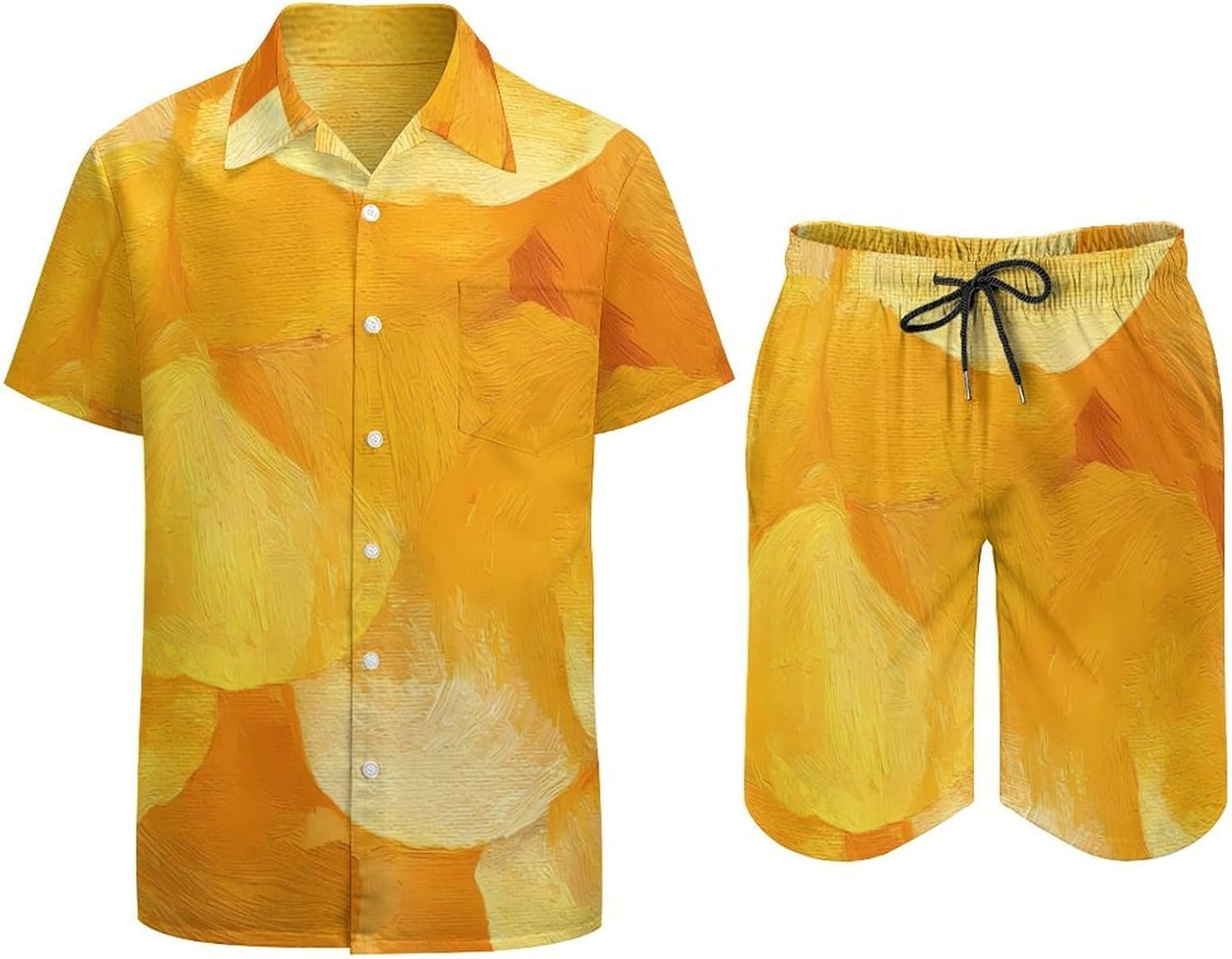Yellow Potato Chips Men's Summer Beach 2 Piece Outfits | hawaiian button down shirt and shorts,vacation cruise,mens bathing suit