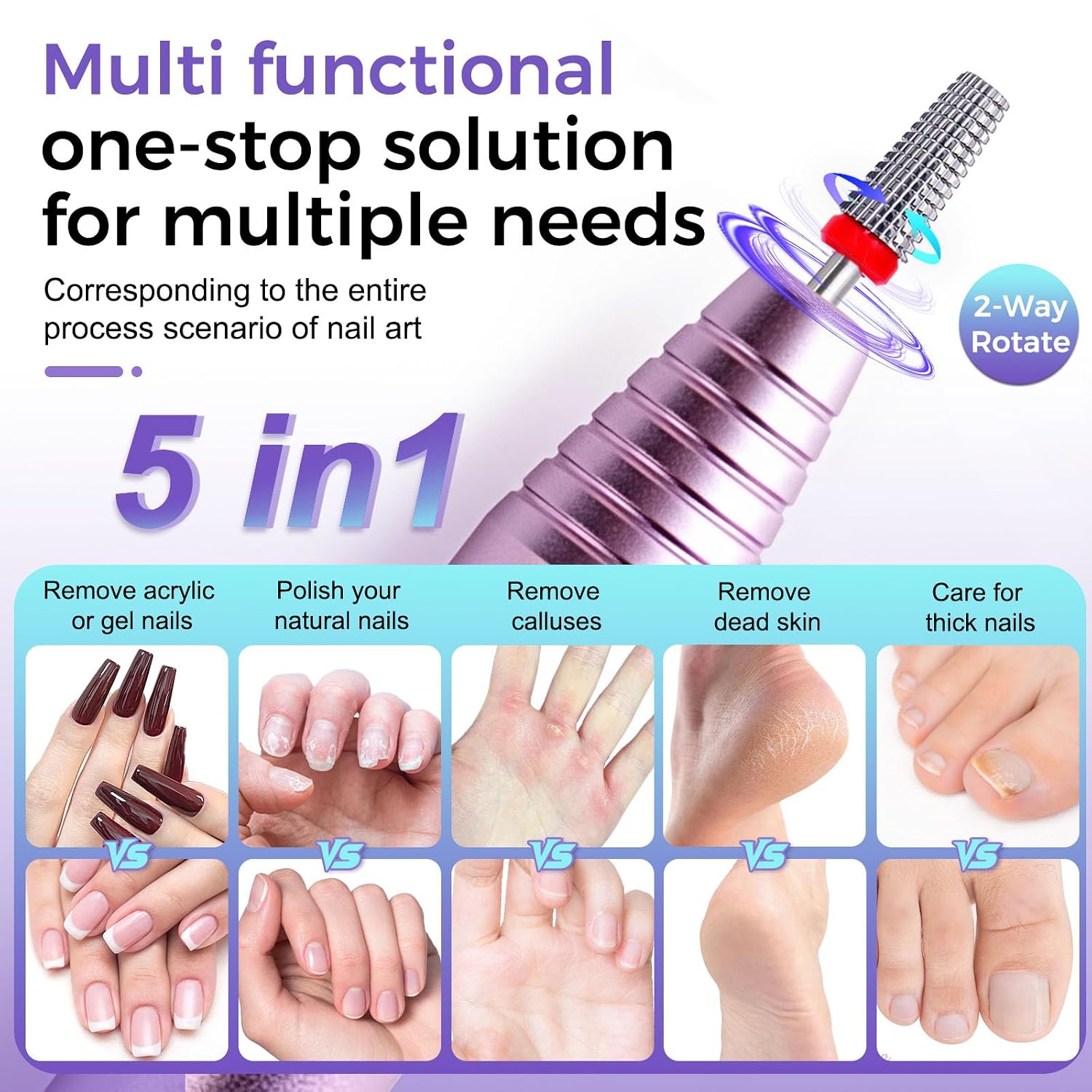 Fantexy 5 in 1 Nail Drill Bits, 3/32" Tungsten Steel, Fine - F | Professional, For Acrylic Nails, Manicure & Nail Art, Two Way Rotate Use, Left and Right Handed