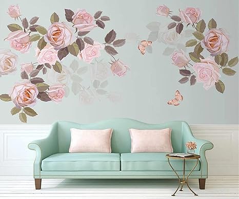 Amazon 不織布壁紙3dアート壁画 ピンクローズフラワーバタフライモダンシンプル 居間のソファの背景のためのdiyの壁紙の装飾 150x105cm 壁紙
