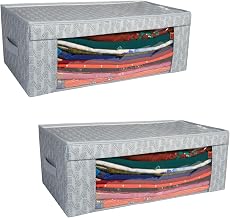 HomeStrap Set of 2, Saree Bunker | Cloth Stacker with Front Window and Side Handle | Foldable Stackable Printed Clothes Storage Organizer | Grey