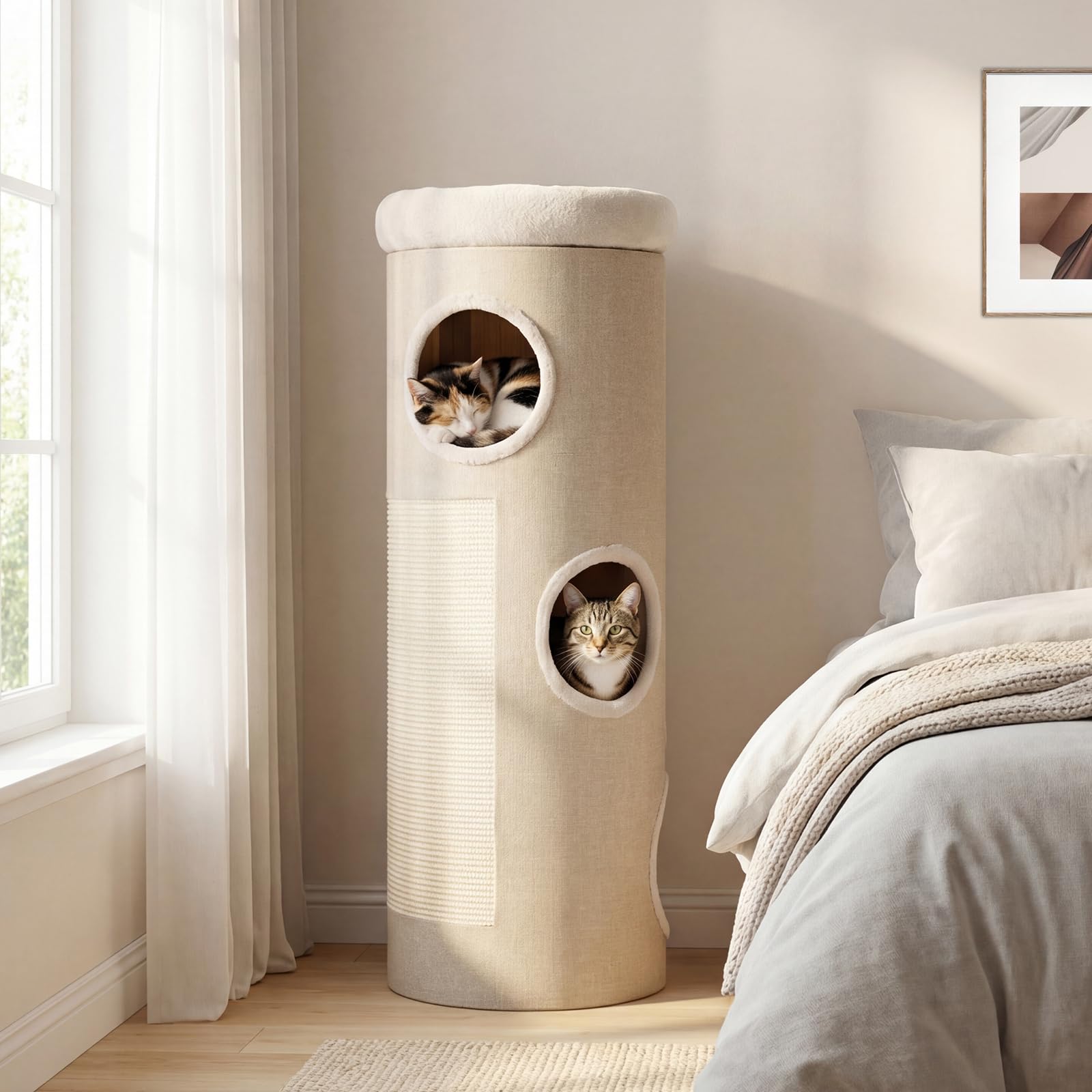 GYMAX Griffoir Dome 113cm avec Perchoir Souple, Tonneau à Griffer pour Chats, avec 3 Entrées, 2 Panneaux en Sisal à Gratter, Tissu Respirant, Matériau Intérieur Naturel