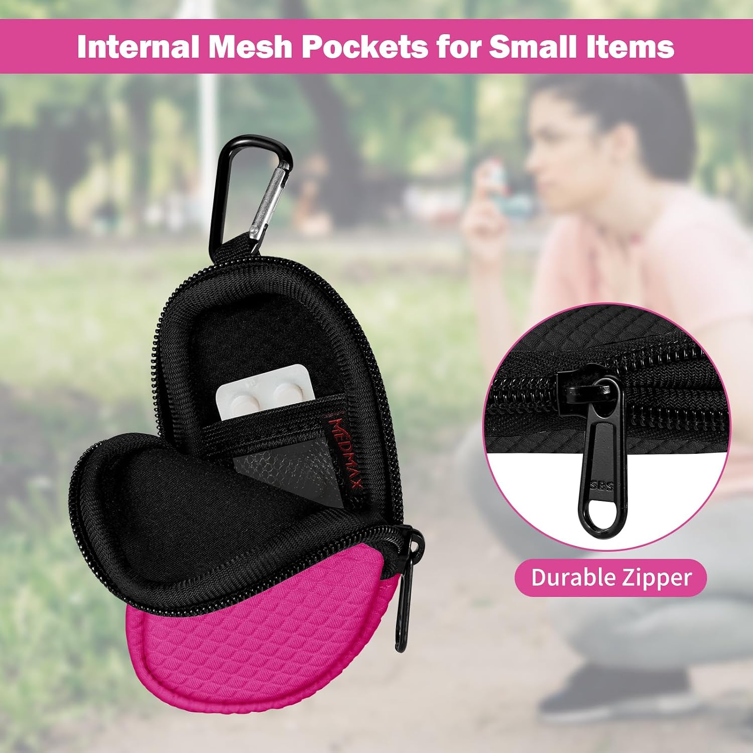 MEDMAX Neoprene Asthma Inhaler Holder, Protective Portable Travel Handy Holster, Lightweight Carrying Case with Carabiner Clip and Mesh Pocket Inside, Inhaler Not Included (Case Only) (Magenta)