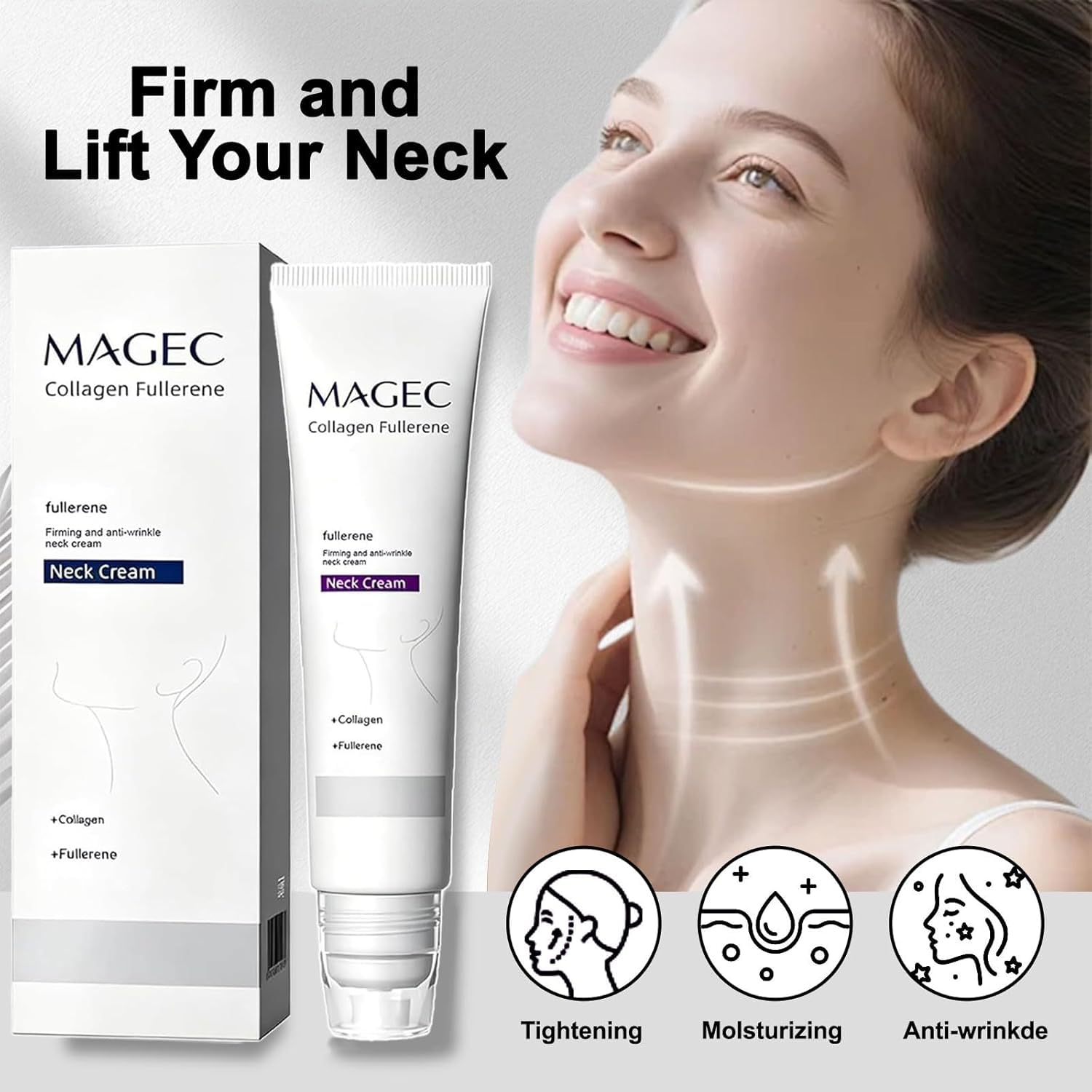 Magec Cream, Magic Collagen Fullerene Neck Cream, Tighten and Lift Firming Neck Cream for Crepey Skin, Collagen Neck Cream with Five Rollers, Reduces Wrinkles and Double Chin (1pcs)