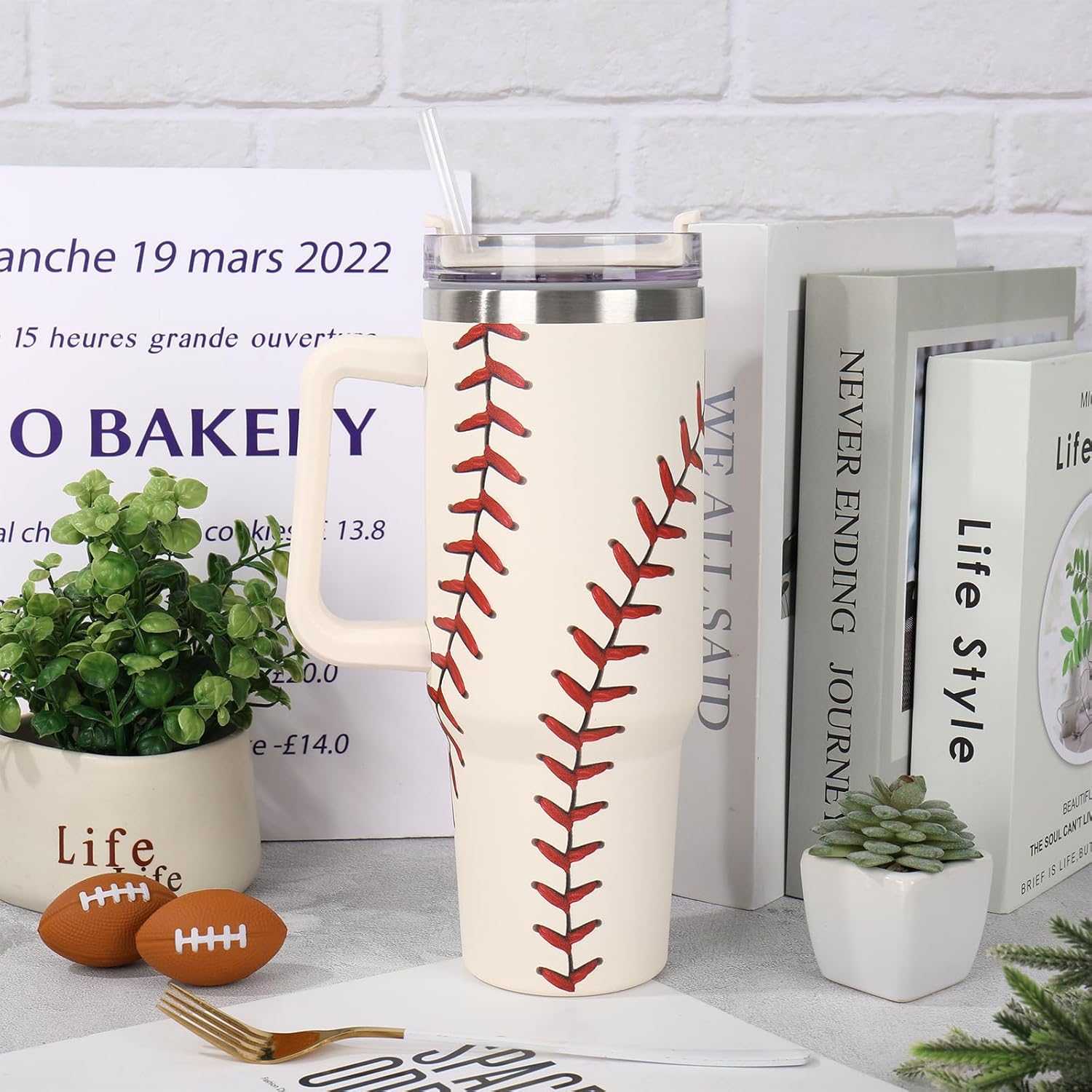 Baseball Tumbler with Lid Straw 40 Oz Sports Ball Stainless Steel Cup with Handle Red White Travel Coffee Tumbler for Home Office Birthday Party - Image 5