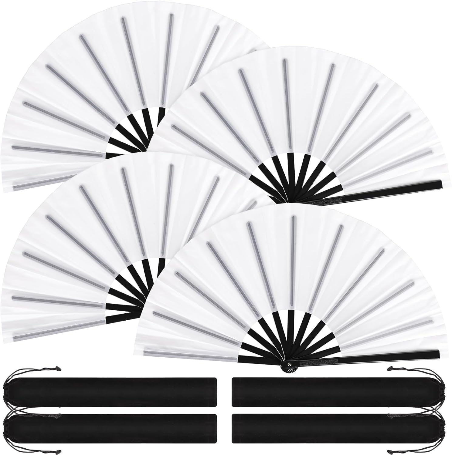Blulu 4 Pcs Large Folding Fans Bulk with 4 Fan Sleeves, Chinese Kung Fu Hand Clack Rave Fans for Line Dancing, Festival, Party Decor and Performance(Classic Style,White,13 Inch)