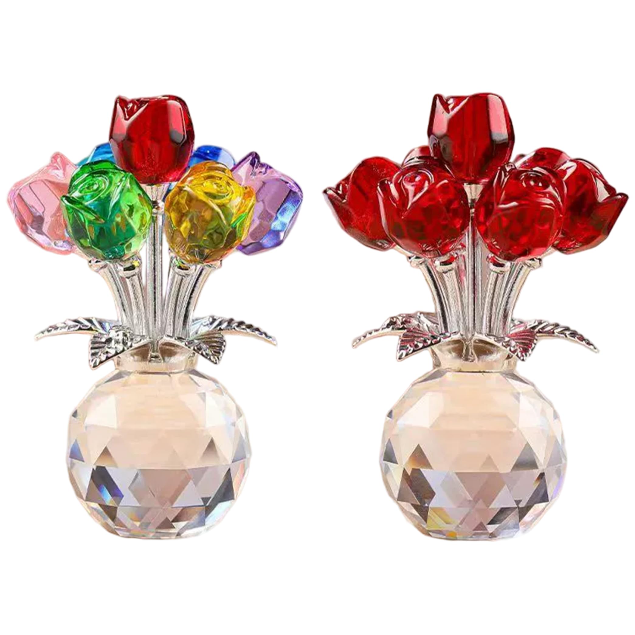 Roses en cristal avec vase et tiges argentées : éclat et élégance