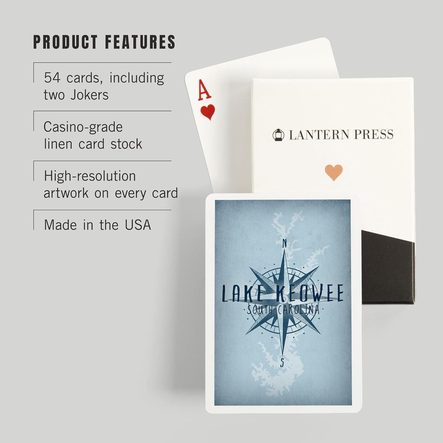 Lantern Press Lake Keowee, South Carolina, Lake Essentials, Lake and Compass, 52 Playing Cards for Adults, Poker Size Card Deck