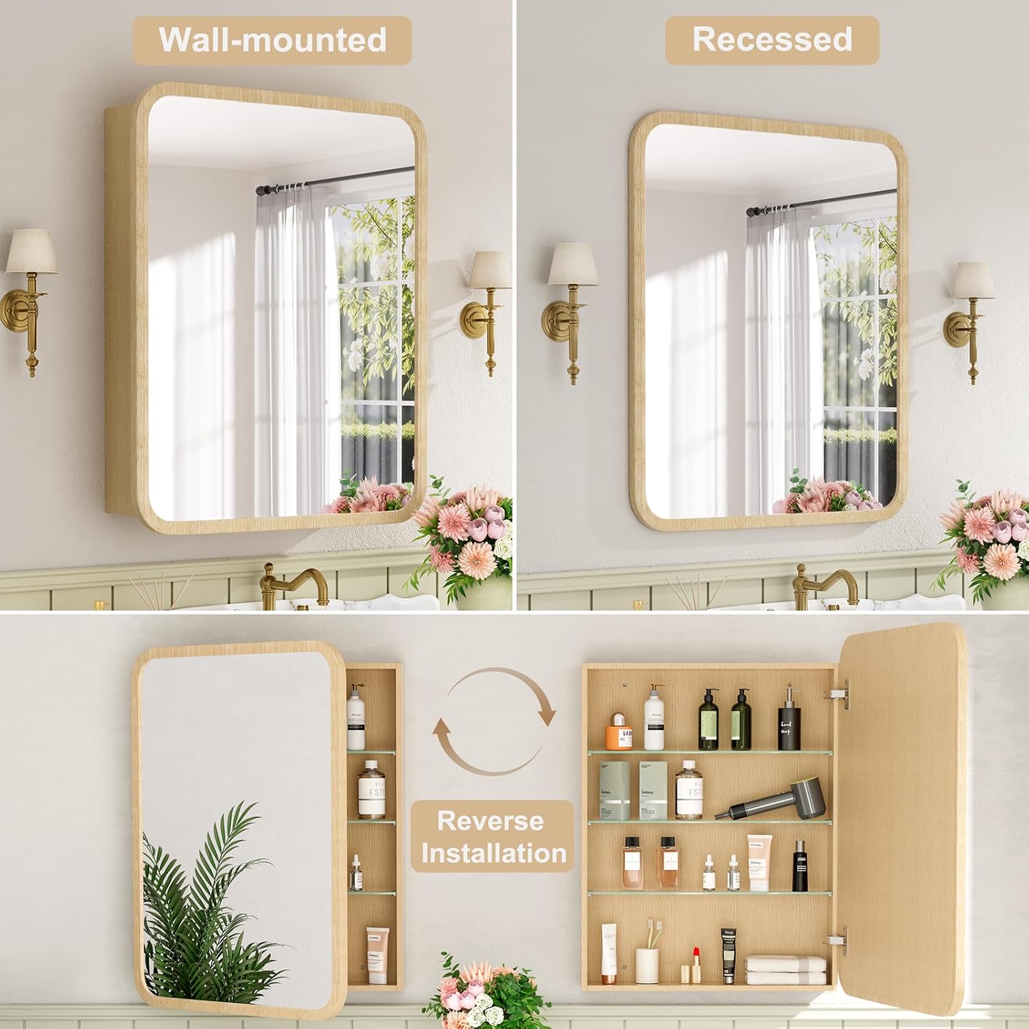 24x30 Inch Wood Medicine Cabinet with Mirror, Surface or Recessed Mount Bathroom Mirror Cabinet, Adjustable Glass Shelves, Soft-Close Door, Rounded Corner, Fully Assembled, Oak