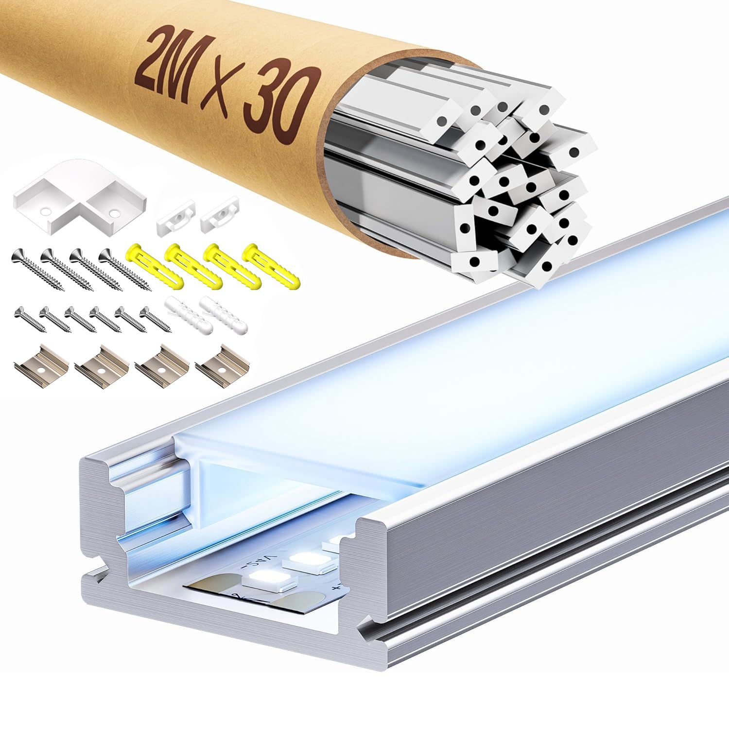 Profilé LED 2m en aluminium anodisé, compatible avec ruban 12mm, avec diffuseur opale, idéal comme Rail LED pour un éclairage homogène (SP26, 30 Stück (insgesamt 60m))