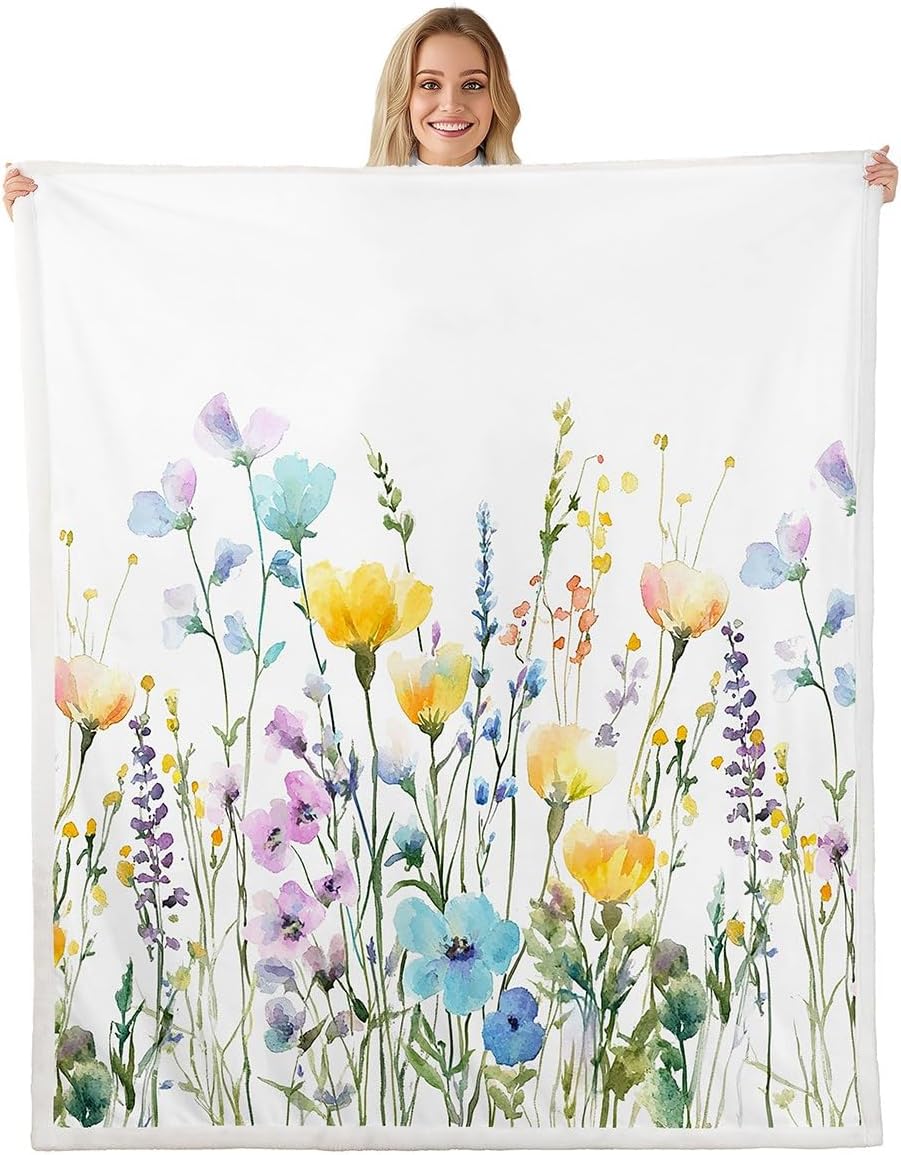 Erosebridal Spring Flower Queen Size Sherpa Bed Blankets, Floral Throw Blanket Stylish Botanical Leaves Fleece Fuzzy Blanket for Kids Women Adult, Minimalist Sofa Couch Decor Rustic Farmhouse Decor