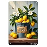 Fresh Lemons in Bucket Tin Sign Vintage Lemon Fruit And White Blossom Metal Sign Print Aesthetic for Garden Yard Bar Porch Home Bedroom Kitchen Wall Decor Gift 8 X 12 in