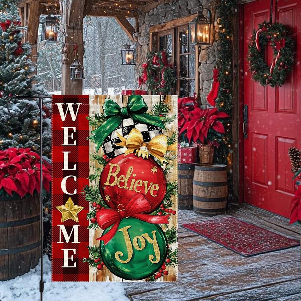 Welcome Christmas Ornaments Garden Flag 12x18 Double-Sided Burlap with Holiday Decorations and "Believe" "Joy" Ornaments Perfect for Winter Decor - Image 2