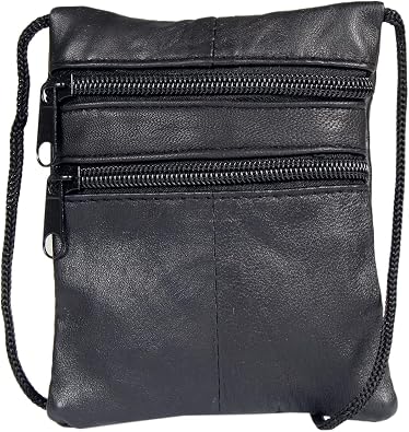 Sheep Nappa Leather Neck Purse Black, Medium Mini Bag with Top Zip Main Compartment, Front Zip Pocket & 65cm Strap