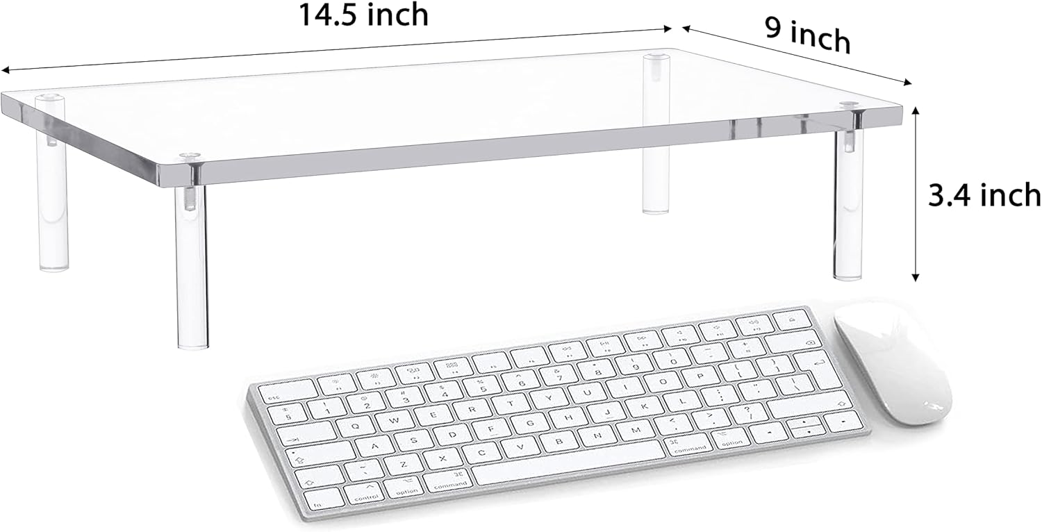 Jusalpha 2 PC Acrylic Monitor Stand - 10mm Thick Clear Platform - 14.5'' x 9'' x 3.4'' Desktop/ Laptop/ Monitor Riser Stand - For Laptop, PC, Notebook, Printer, Computer, Flat Screen LCD TV
