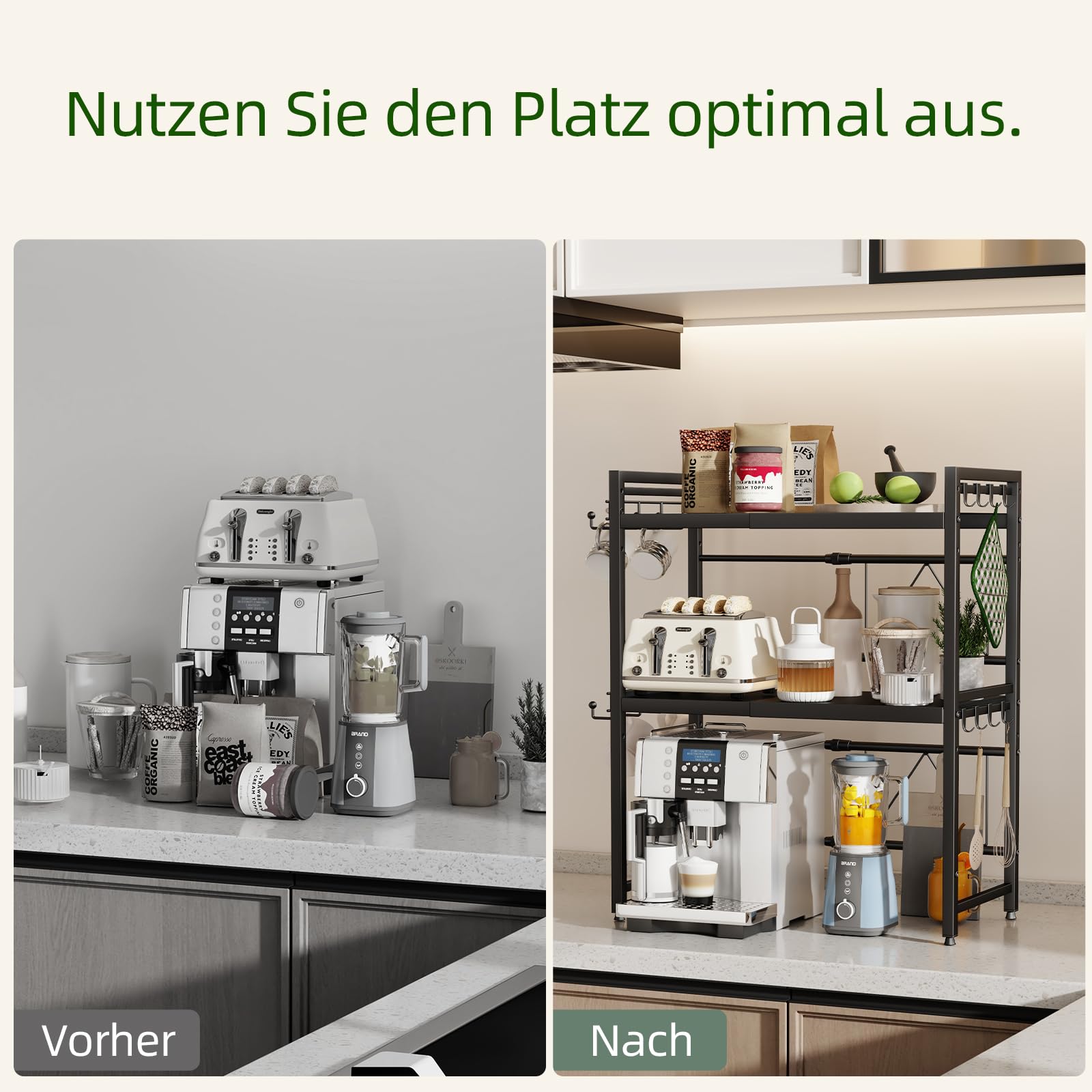 NETEL Verstellbares Mikrowellen Regal 3-stufig, Regal über mikrowelle, küchenregal stehend für arbeitsplatte,Bäckerregale, küchenregal mit 2 Getränkehalter,schwarz, Ausziehbar 40-64cm