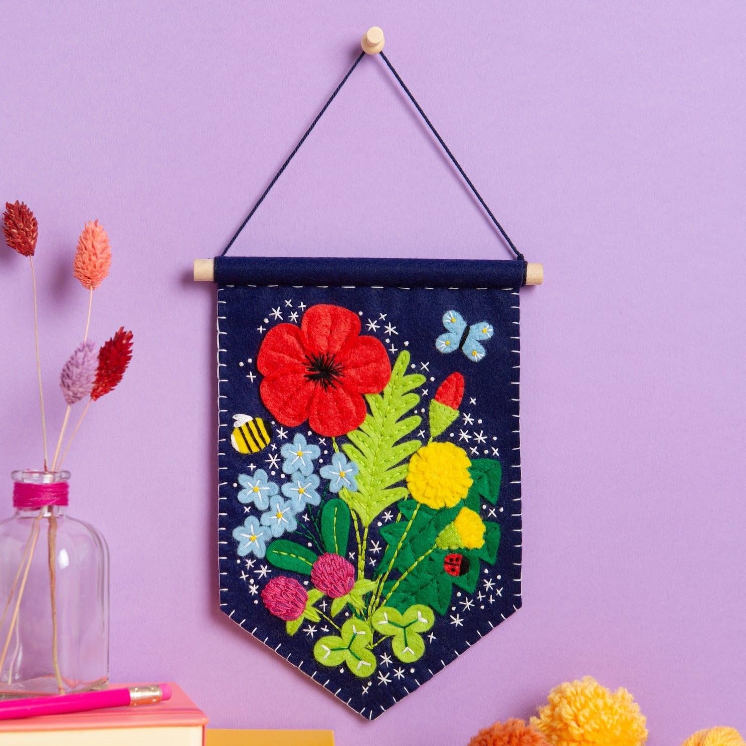 Hawthorn Handmade Wildflower Pennant Felting Kit. Felt Craft Kit for Adults Including Wool Felt Sheets, Wooden Dowel
