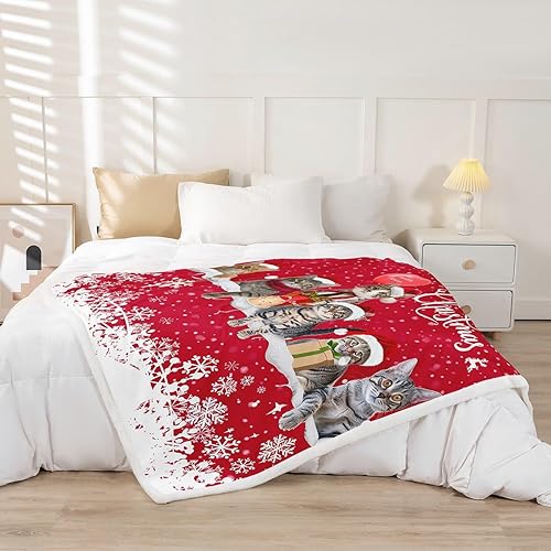 Miniatura 2 de Manta de forro polar con estampado de gatos de Feliz Navidad, copos de nieve, mascotas, gatos, para cama, sofá, sofá, bonito manta de felpa con