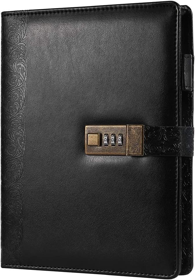 CAGIE Locking Journal for Adults Journal with Lock Combination Passwords 6 Rings Refillable Embossed Large Leather Binder Notebook, Black