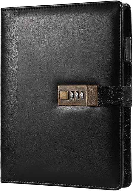 Locking Journal for Adults Journal with Lock Combination Passwords 6 Rings Refillable Embossed Large Leather Binder Notebook, Black