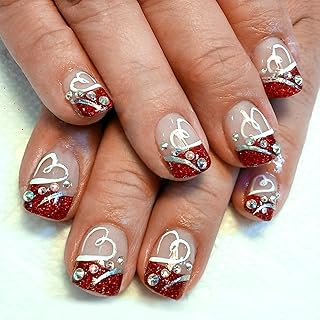 24Pcs Valentines Day Press on Nails Short Square Red French Tip Fake Nails White Heart with Rhinestones Glitter Full Cover Tip Glue on Nails Romantic Pink False Nails Reusable for Women Acrylic Nails
