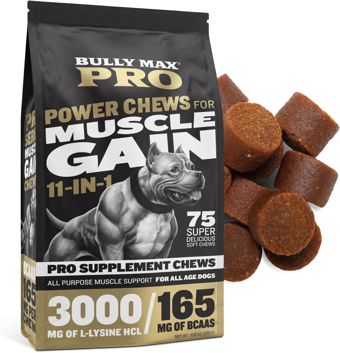 Bully Max 11-in-1 Muscle Gain Power Chews - High Protein Dog Food Health Supplement for Puppy and Adult Dogs | Premium Muscle Builder for All Breeds with Natural Ingredients - 75 Tasty Soft Dog Chews