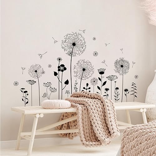 Miniatura 2 de Supzone Calcomanías de pared de diente de león negro, atractivas flores voladoras y mariposas, calcomanías de pared autoadhesivas creativas para