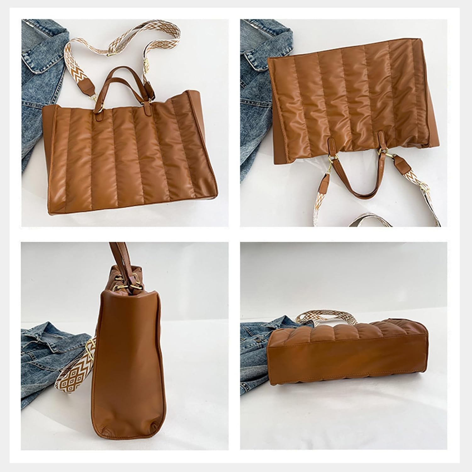 Quilted Tote Bag for Women Soft Puffy Handbag PU Leather Shoulder Bag Down Cotton Padded Top Handle Bag Crossbody Bag - Image 6