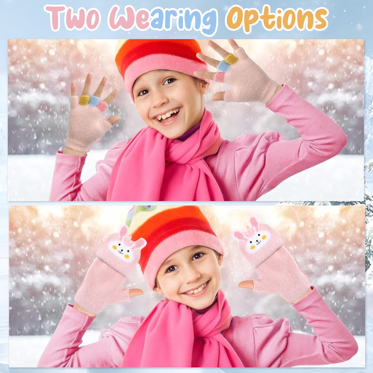 PATPAT® Pink Bunny Flip Winter Gloves for Girls 4-12 Years | Warm Half Finger Kids Gloves with Guard Flap, Kids Hand Gloves for Outdoor Skiing, Cycling, Running, Mountain Climbing, Hiking, Writing 4