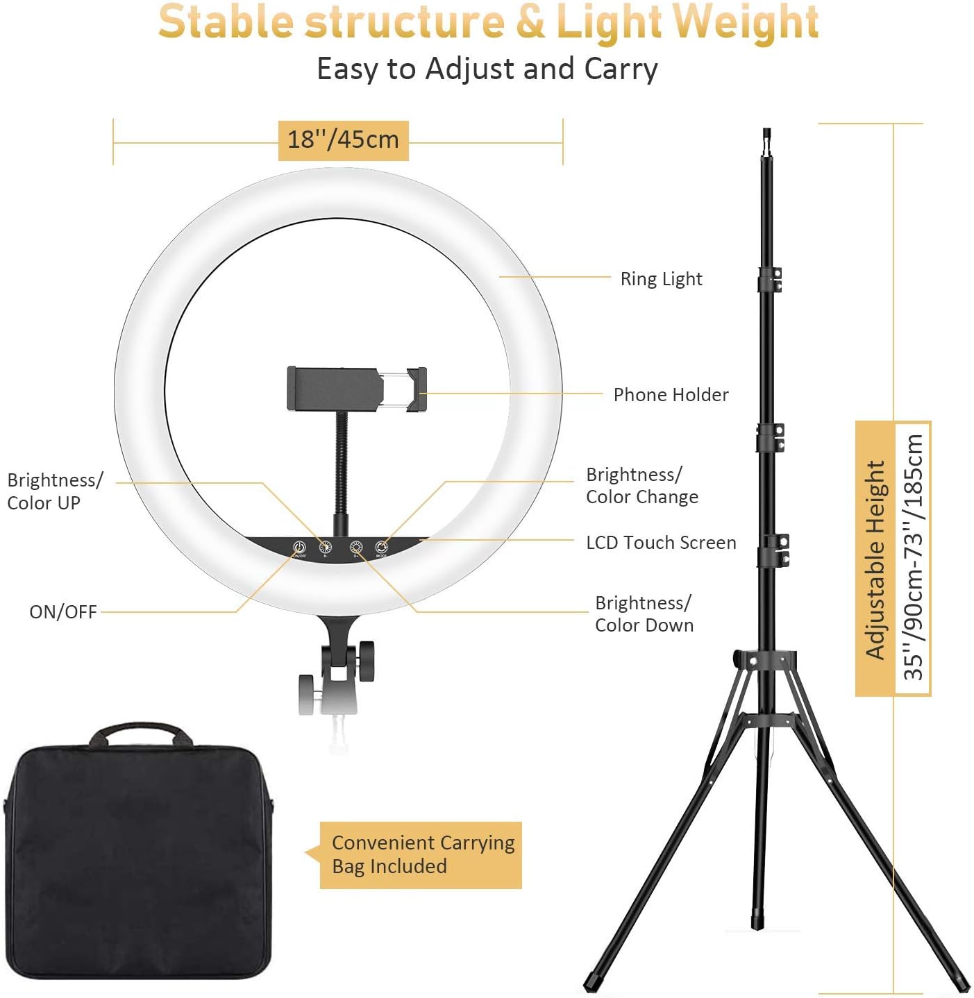 Ring Light 18 Inch with Tripod Stand, 55W 5700K Dimmable Selfie LED Ring Light with 73" Tripod Stand and 3 Phone Holder, Circle Light for Make Up, YouTube, Video Shooting, Live Stream, Vlog, CRI > 95